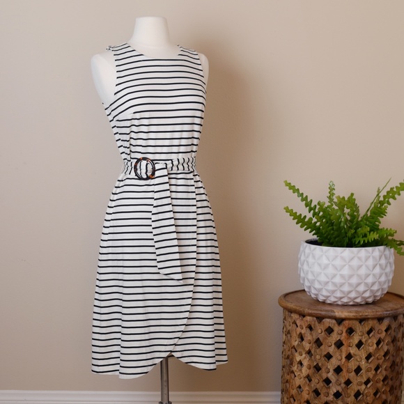 LOFT Striped Tulip Hem Dress with Tortoise Clip Belt - Picture 1 of 9